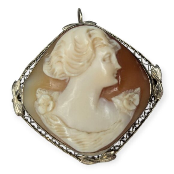 Antique 14k White Gold Large Cameo Filigree Pendant Brooch/Pin 1 1/2" x 1 1/2" - Picture 1 of 14